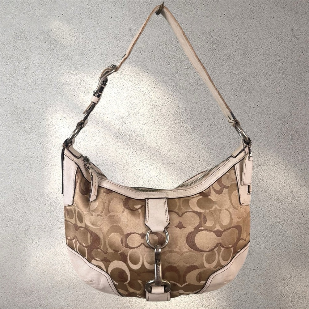 Vintage COACH Hamptons Signature Hobo Shoulder Bag White Leather Trim Y2K 11811